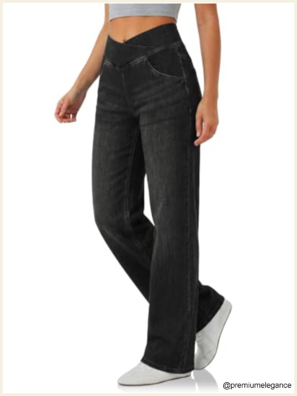 Women's Pull-On Wide Leg Jeans High Rise Crossover Stretch Knit Denim Pants
